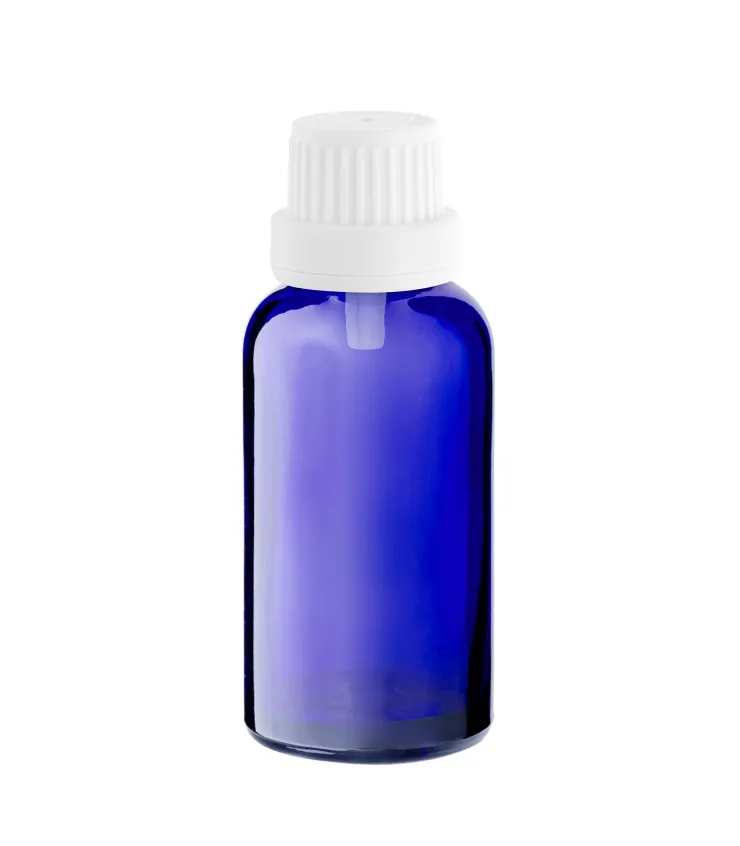 Blaue Glasflasche 30 ml mit weißem Tropfer für Öle